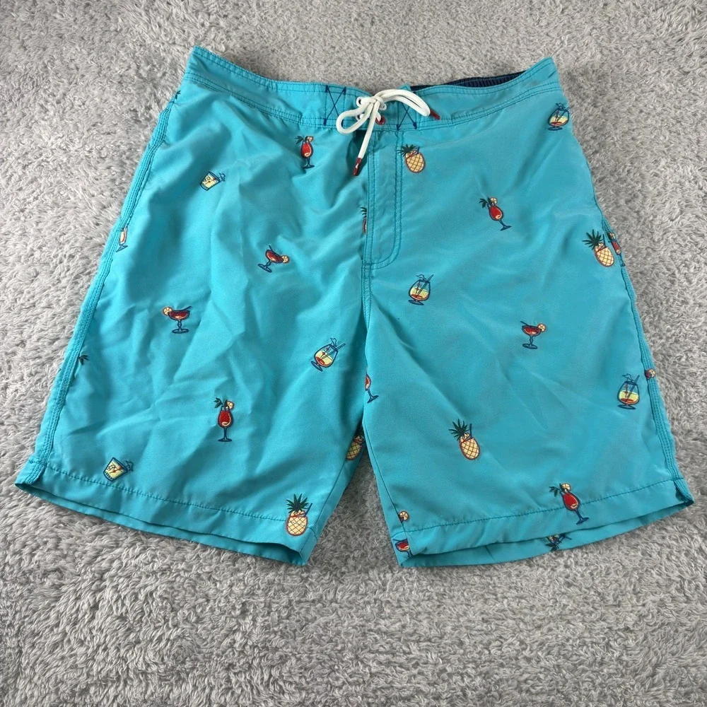 Tommy Bahama Mens Turquoise Cocktail Pineapple Embroidered Swim Trunks Large